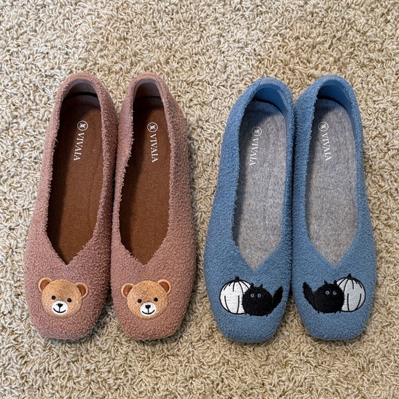 Vivaia Shoes - VIVAIA | Teddy Bear and Cat Embroidered Mink Slippers (2 pairs)